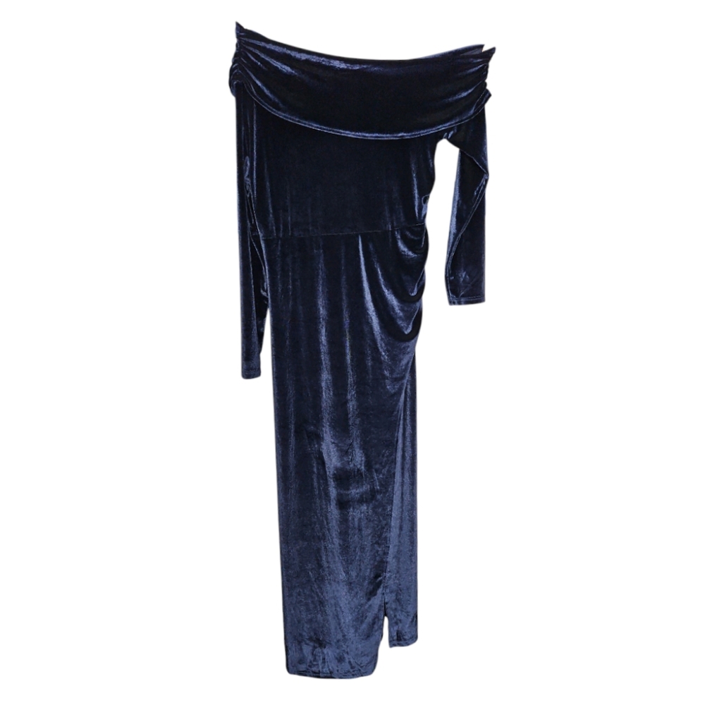 WOMEN'S BLUE VELVET OFF SHOULDER MAXI WRAP DRESS